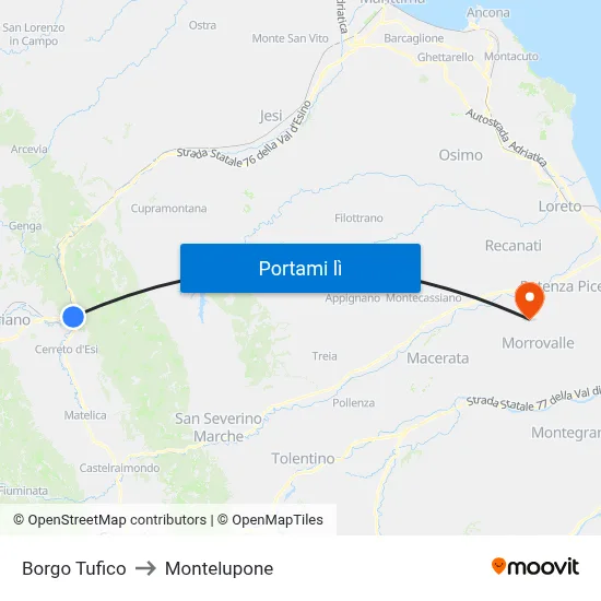 Borgo Tufico to Montelupone map