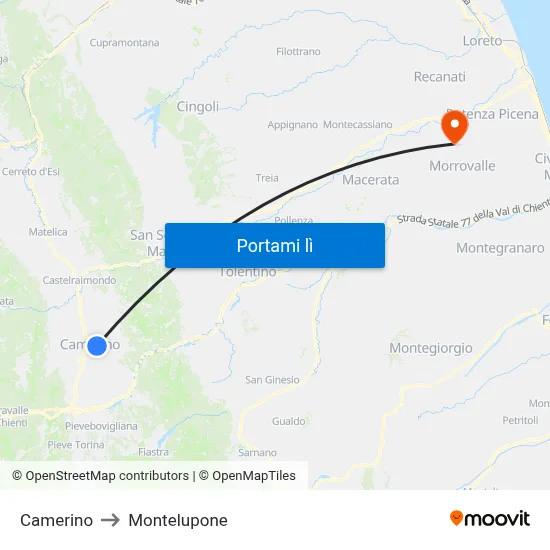 Camerino to Montelupone map