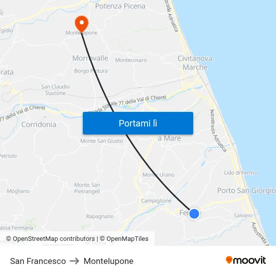 San Francesco to Montelupone map