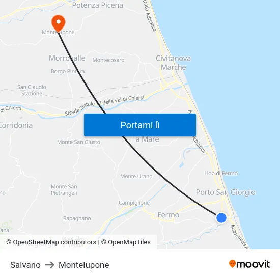 Salvano to Montelupone map