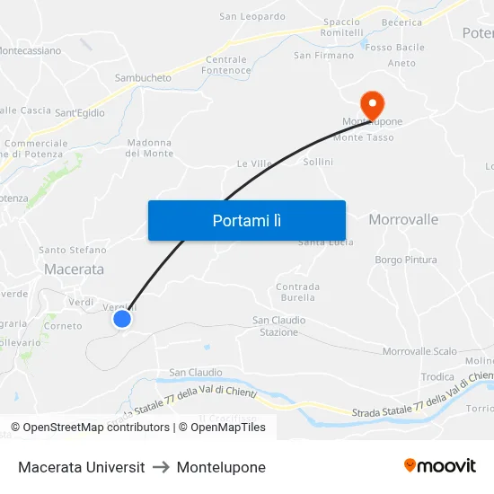 Macerata Universit to Montelupone map