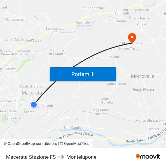 Macerata Stazione FS to Montelupone map