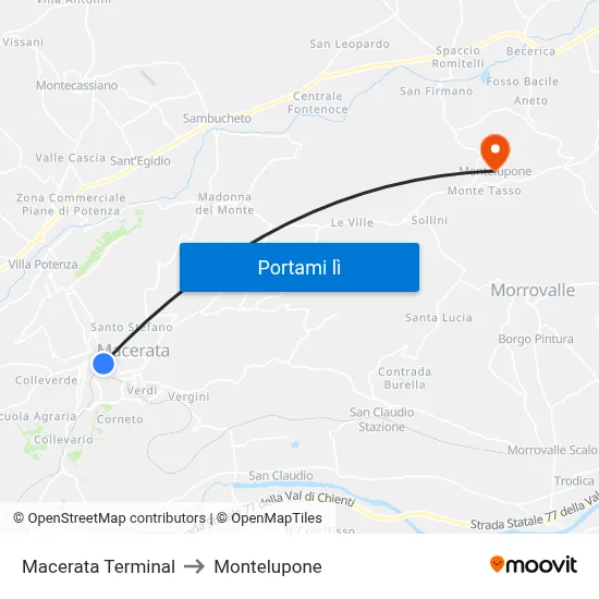 Macerata Terminal to Montelupone map