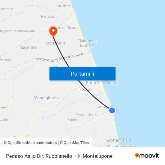 Pedaso Asilo Dir. Rubbianello to Montelupone map