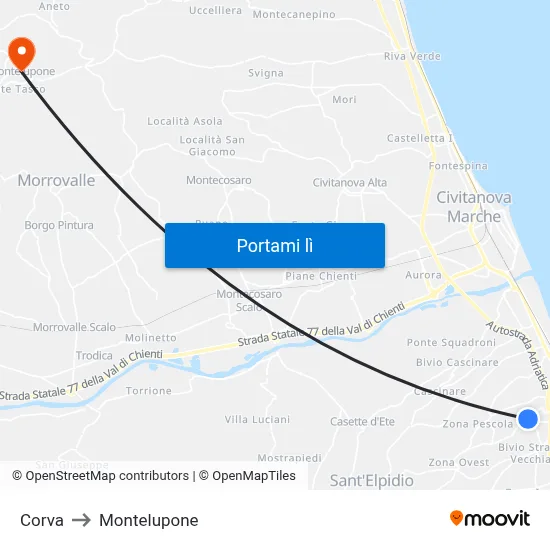 Corva to Montelupone map