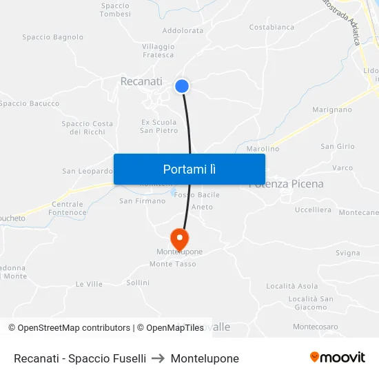 Recanati - Spaccio Fuselli to Montelupone map