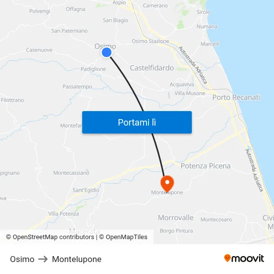 Osimo to Montelupone map