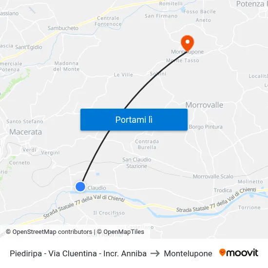 Piediripa - Via Cluentina - Incr. Anniba to Montelupone map