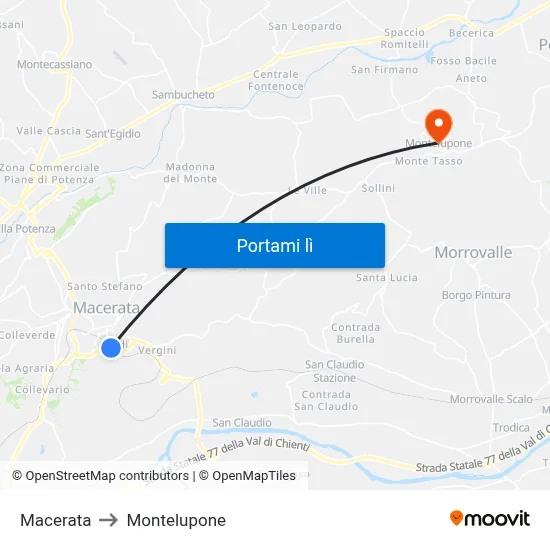 Macerata to Montelupone map