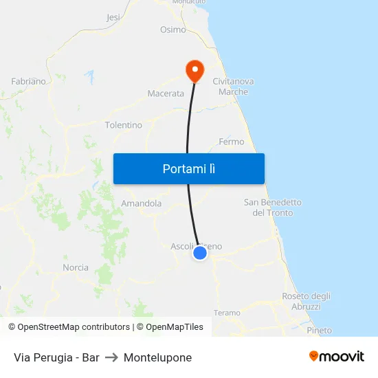 Via Perugia -  Bar to Montelupone map