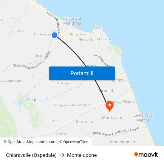 Chiaravalle (Ospedale) to Montelupone map