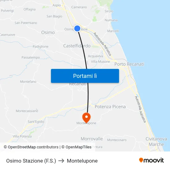 Osimo Stazione (F.S.) to Montelupone map