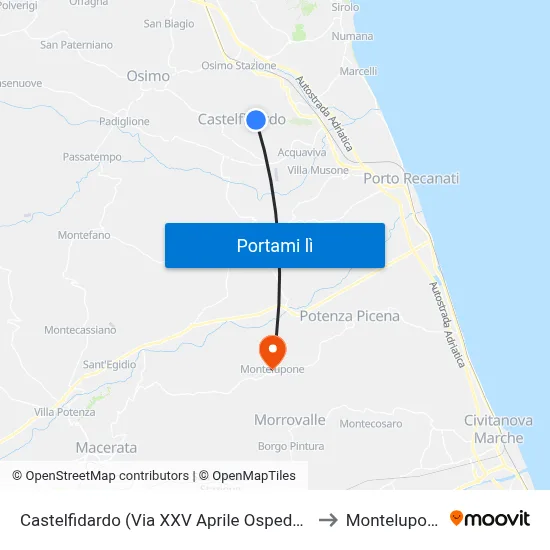 Castelfidardo (Via XXV Aprile Ospedale) to Montelupone map