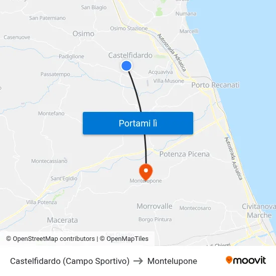 Castelfidardo (Campo Sportivo) to Montelupone map