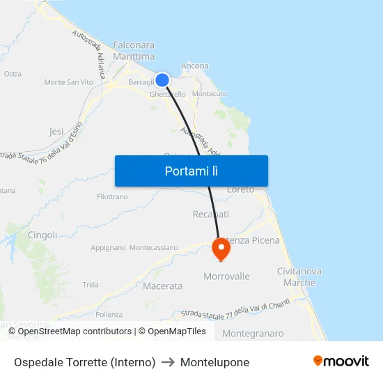 Ospedale Torrette (Interno) to Montelupone map