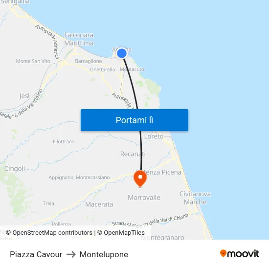 Piazza Cavour to Montelupone map