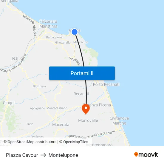 Piazza Cavour to Montelupone map