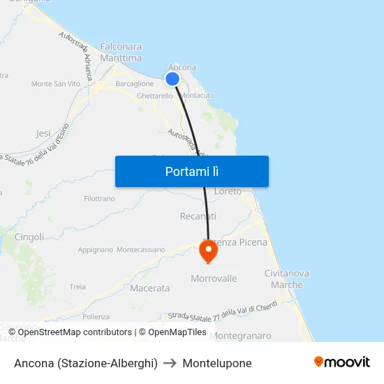 Ancona (Stazione-Alberghi) to Montelupone map
