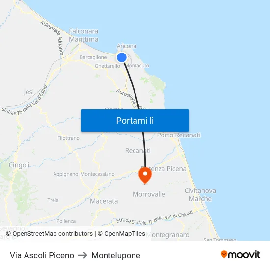 Via Ascoli Piceno to Montelupone map