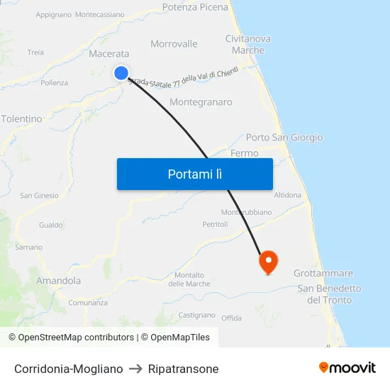 Corridonia-Mogliano to Ripatransone map