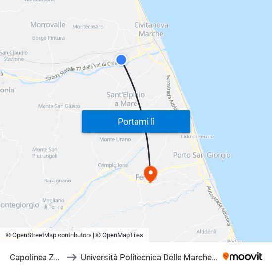 Capolinea Zona Industriale A to Università Politecnica Delle Marche - Facoltà Di Ingegneria - Sede Di Fermo map