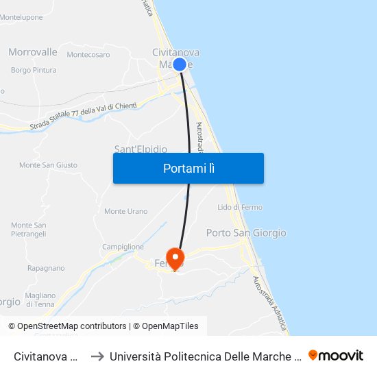 Civitanova Marche Stazione to Università Politecnica Delle Marche - Facoltà Di Ingegneria - Sede Di Fermo map