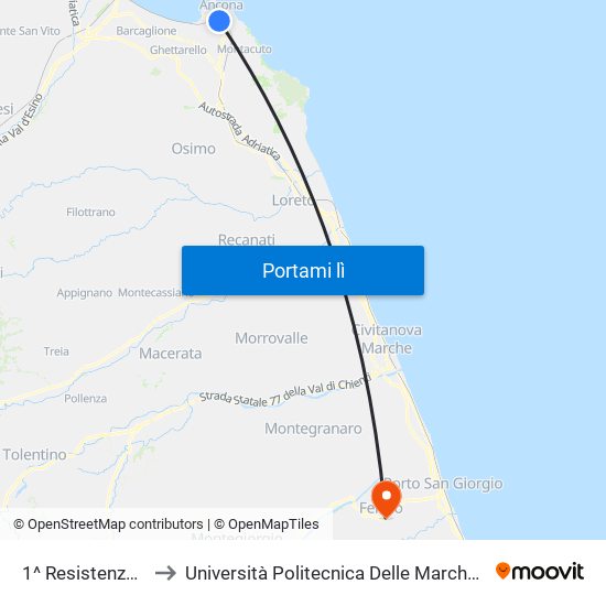 1^ Resistenza - Vigili Del Fuoco to Università Politecnica Delle Marche - Facoltà Di Ingegneria - Sede Di Fermo map