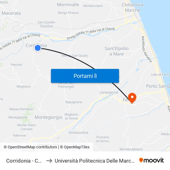 Corridonia - Chiesa Di Santa Croce to Università Politecnica Delle Marche - Facoltà Di Ingegneria - Sede Di Fermo map