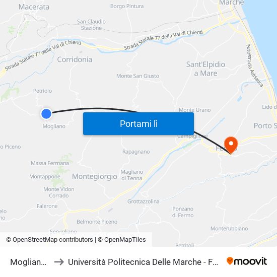 Mogliano - S.P. 1 - 4 to Università Politecnica Delle Marche - Facoltà Di Ingegneria - Sede Di Fermo map