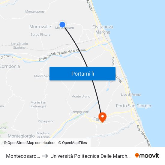 Montecosaro - Incr. Via Molino to Università Politecnica Delle Marche - Facoltà Di Ingegneria - Sede Di Fermo map