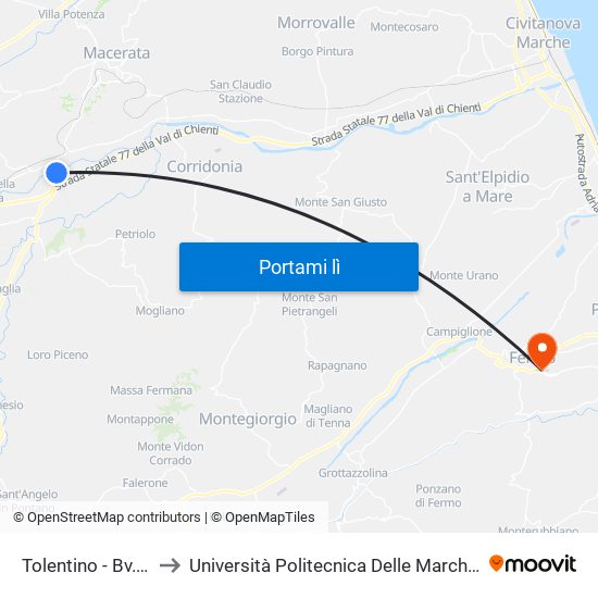 Tolentino - Bv. Colbuccaro (Sasp) to Università Politecnica Delle Marche - Facoltà Di Ingegneria - Sede Di Fermo map