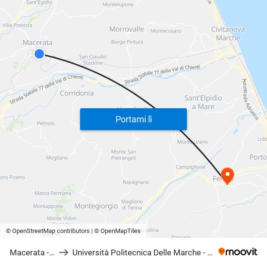 Macerata - Stazione F.S. to Università Politecnica Delle Marche - Facoltà Di Ingegneria - Sede Di Fermo map