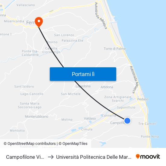 Campofilone Via 25 Aprile Dir. Pedaso to Università Politecnica Delle Marche - Facoltà Di Ingegneria - Sede Di Fermo map