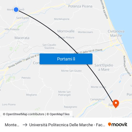 Montecassiano to Università Politecnica Delle Marche - Facoltà Di Ingegneria - Sede Di Fermo map