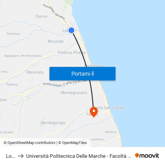 Loreto to Università Politecnica Delle Marche - Facoltà Di Ingegneria - Sede Di Fermo map