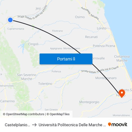 Castelplanio-Cupramontana to Università Politecnica Delle Marche - Facoltà Di Ingegneria - Sede Di Fermo map