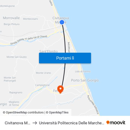 Civitanova M. - Stazione FFSS to Università Politecnica Delle Marche - Facoltà Di Ingegneria - Sede Di Fermo map