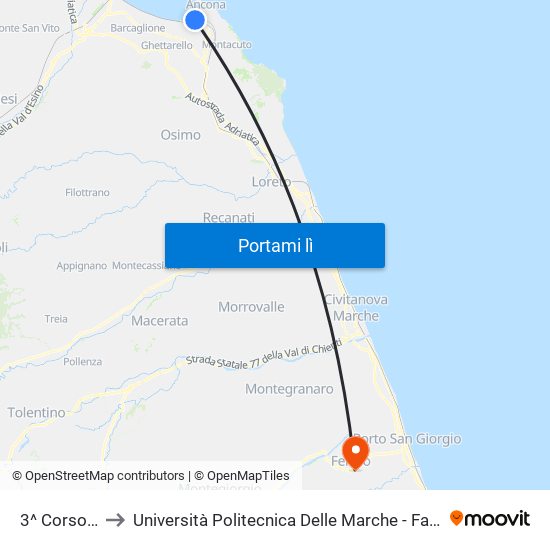 3^ Corso C.Alberto to Università Politecnica Delle Marche - Facoltà Di Ingegneria - Sede Di Fermo map