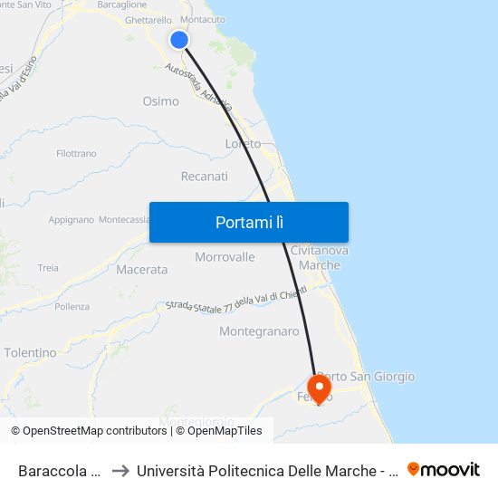 Baraccola (Bivio Candia) to Università Politecnica Delle Marche - Facoltà Di Ingegneria - Sede Di Fermo map