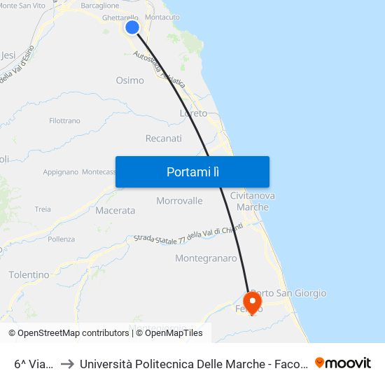 6^ Via Candia to Università Politecnica Delle Marche - Facoltà Di Ingegneria - Sede Di Fermo map