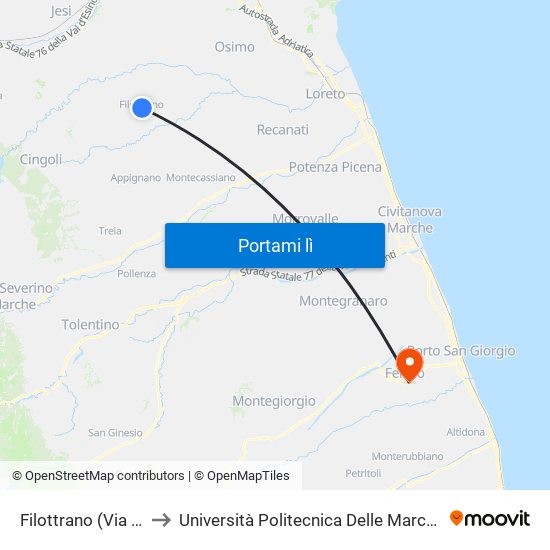 Filottrano (Via Italia Inc. S.Lorenzo) to Università Politecnica Delle Marche - Facoltà Di Ingegneria - Sede Di Fermo map