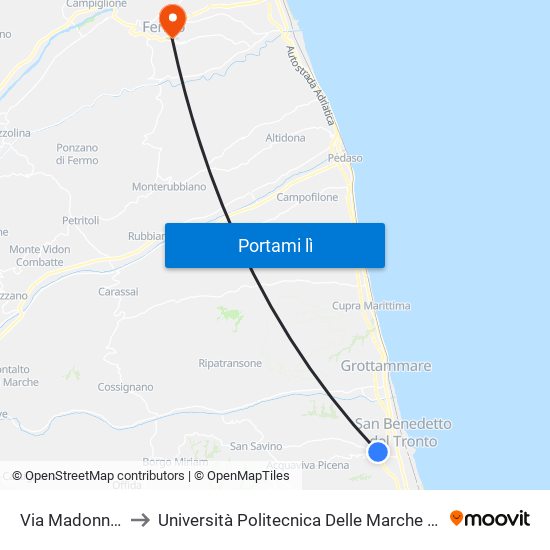 Via Madonna  Pieta'-Caritas to Università Politecnica Delle Marche - Facoltà Di Ingegneria - Sede Di Fermo map