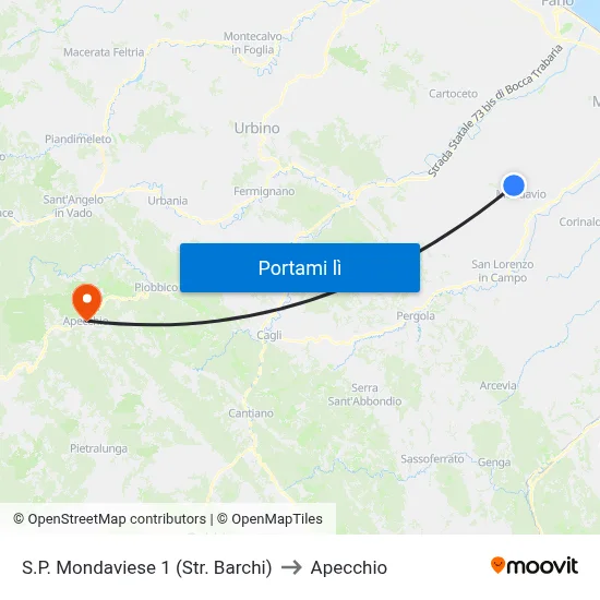 S.P. Mondaviese 1 (Str. Barchi) to Apecchio map