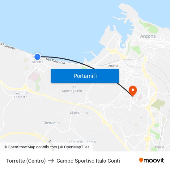 Torrette (Centro) to Campo Sportivo Italo Conti map