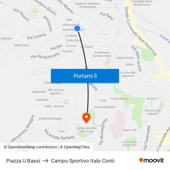 Piazza U.Bassi to Campo Sportivo Italo Conti map