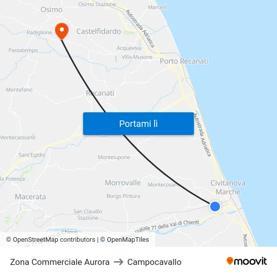 Zona Commerciale Aurora to Campocavallo map