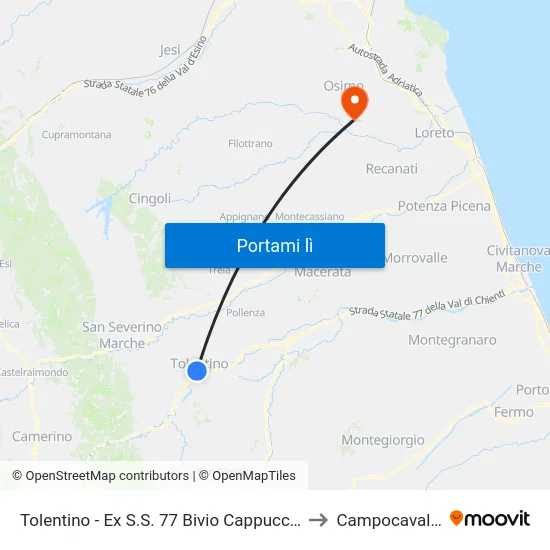 Tolentino - Ex S.S. 77 Bivio Cappuccini to Campocavallo map