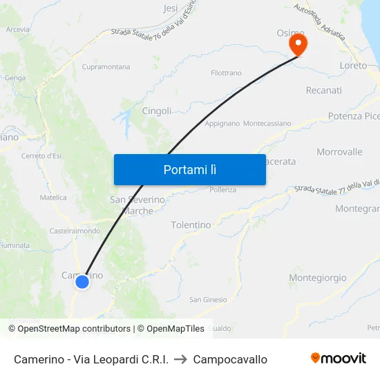 Camerino - Via Leopardi C.R.I. to Campocavallo map