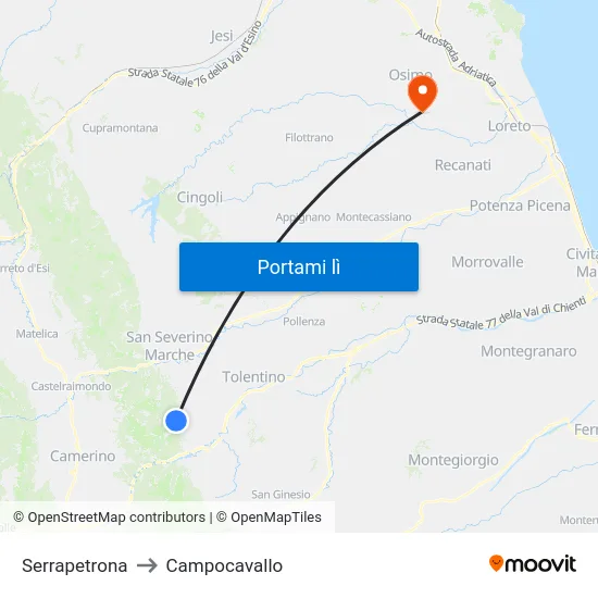 Serrapetrona to Campocavallo map