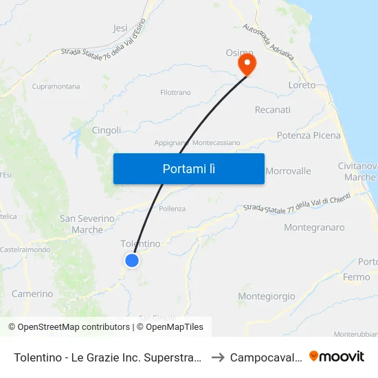Tolentino - Le Grazie Inc. Superstrada to Campocavallo map